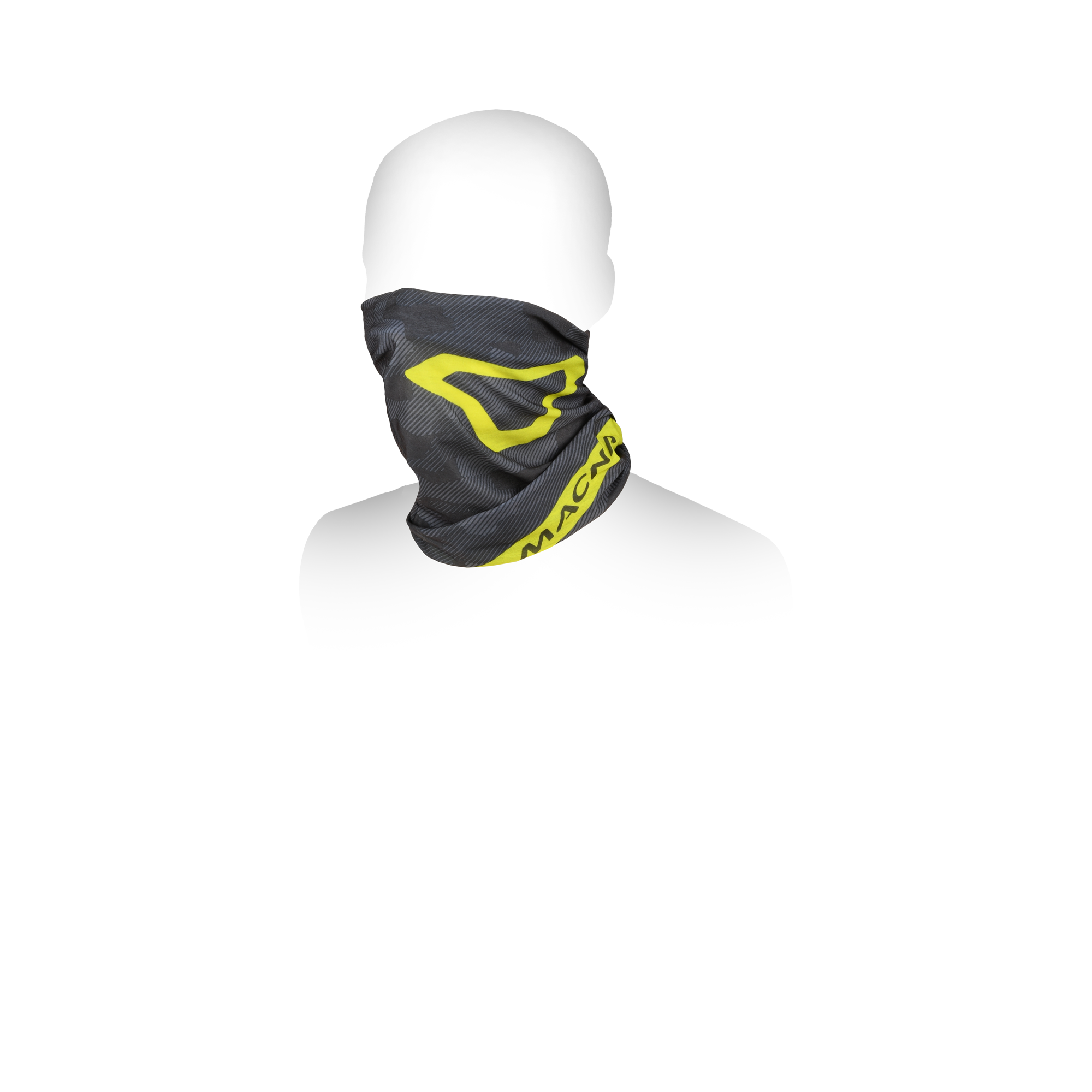 Scaldacollo Macna Summer Tube Logo camouflage grigio con logo giallo fluo, indossato