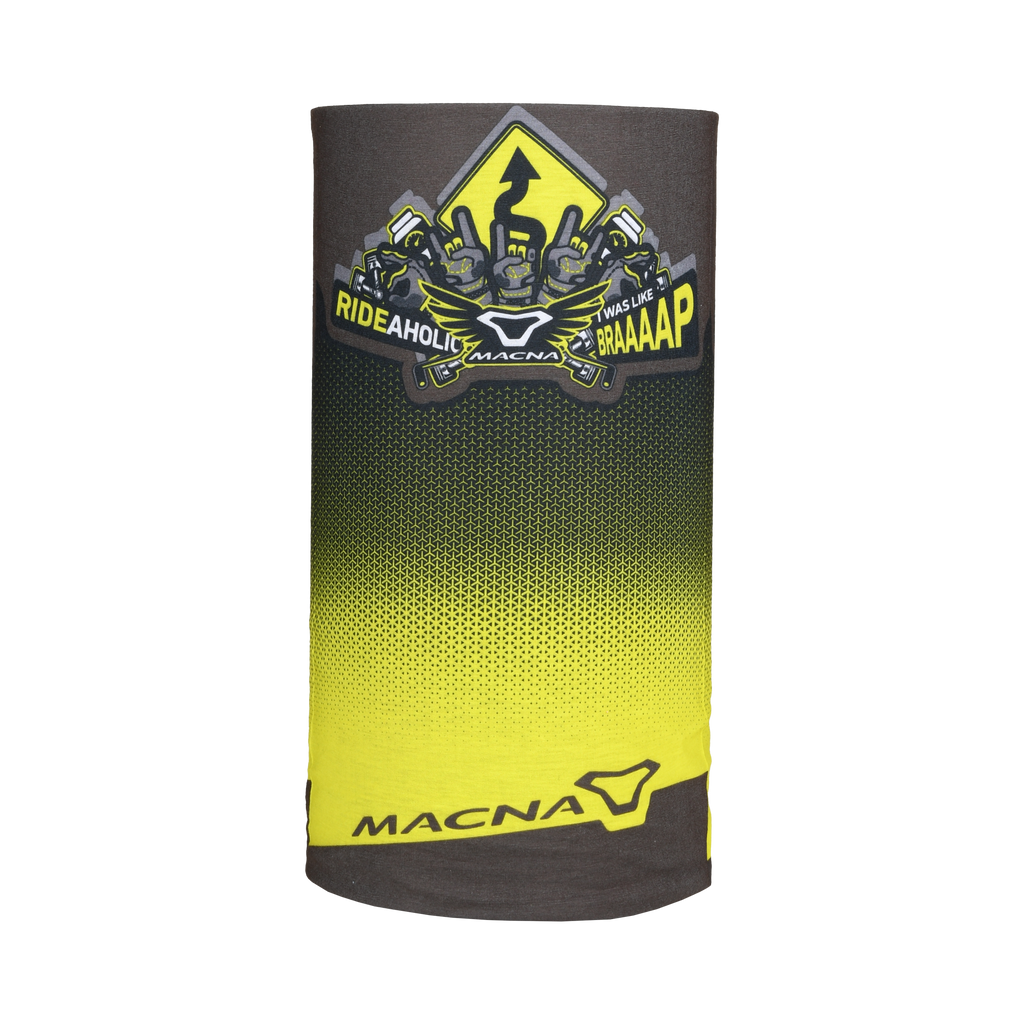 Scaldacollo moto Macna Summer Tube grigio e giallo fluo steso, stemma grafico MACNA