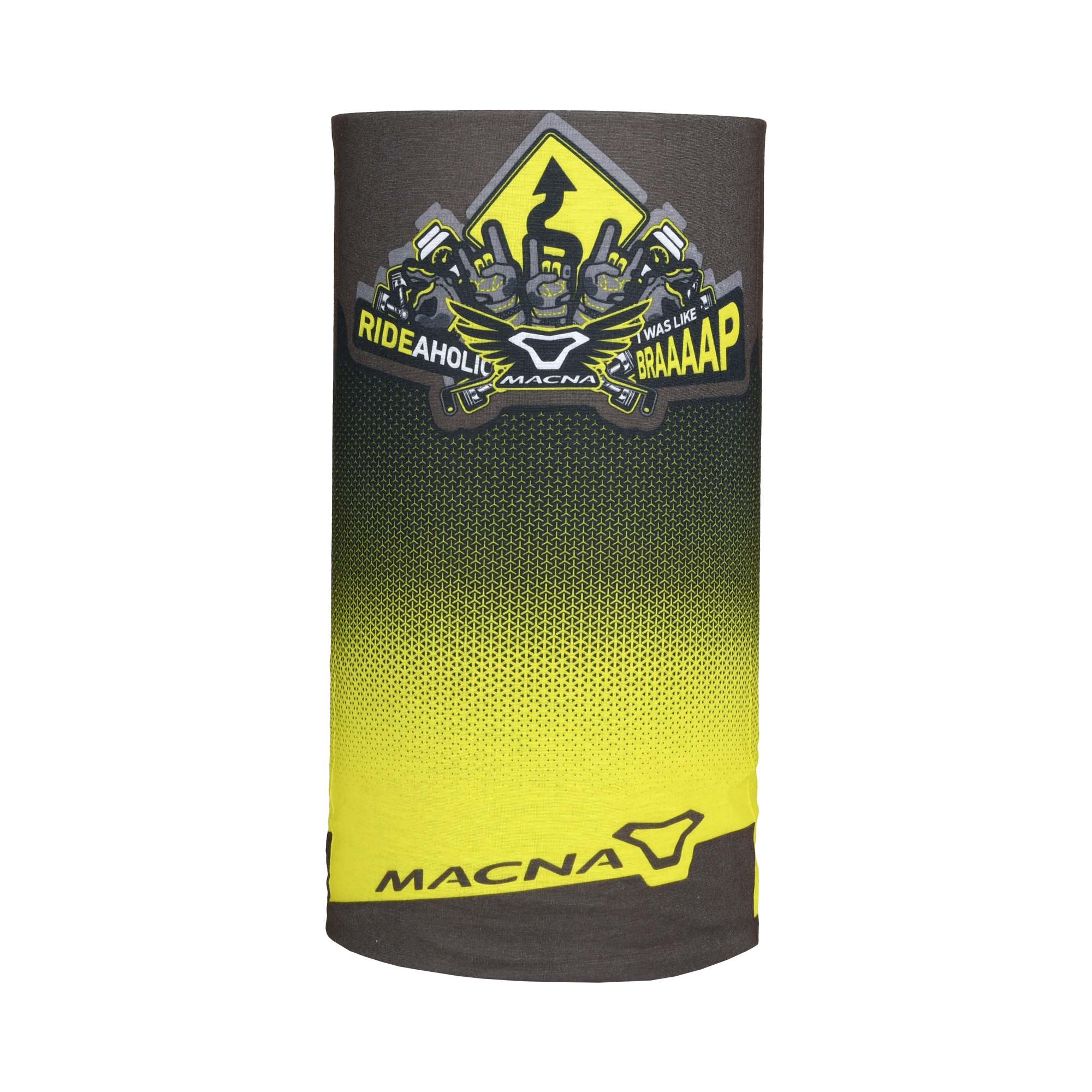 Scaldacollo moto Macna Summer Tube grigio e giallo fluo steso, stemma grafico MACNA