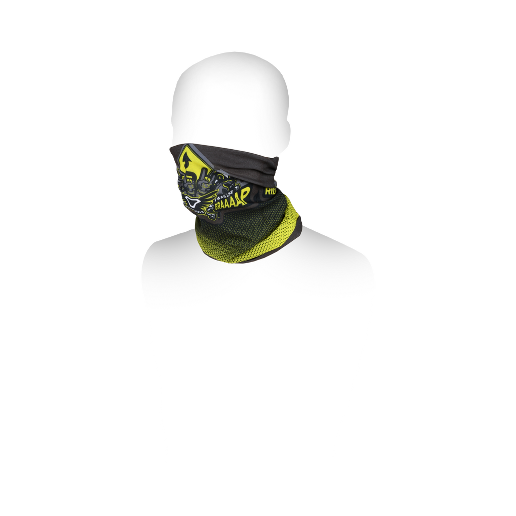 Scaldacollo Macna Summer Tube Logo grigio sfumato giallo fluo, indossato sotto il casco
