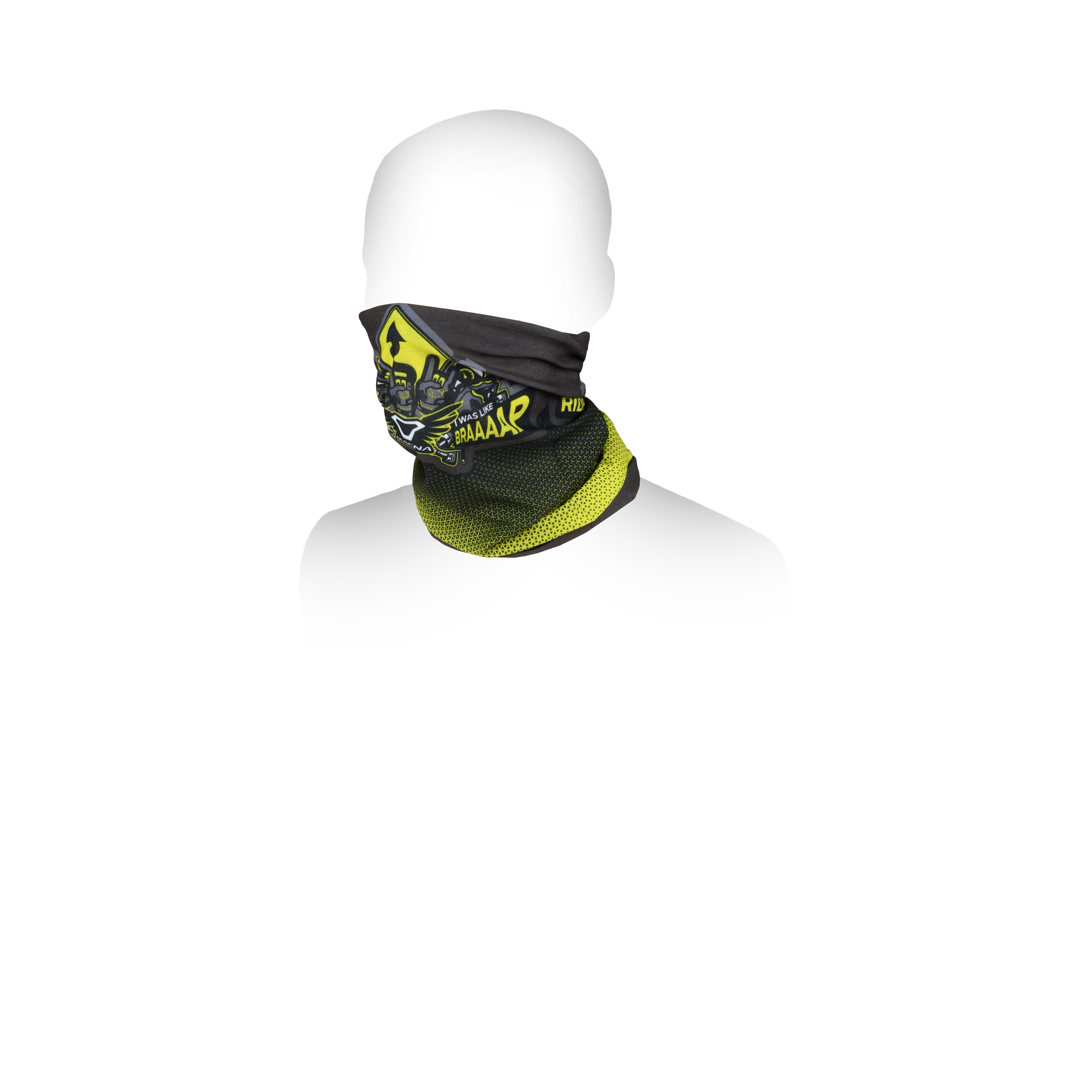 Scaldacollo Macna Summer Tube Logo grigio sfumato giallo fluo, indossato sotto il casco