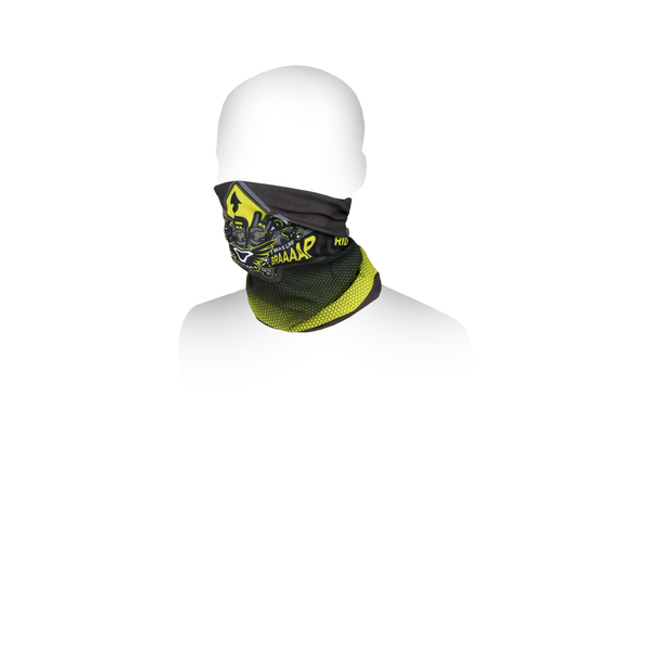 Scaldacollo Macna Summer Tube Logo grigio sfumato giallo fluo, indossato sotto il casco