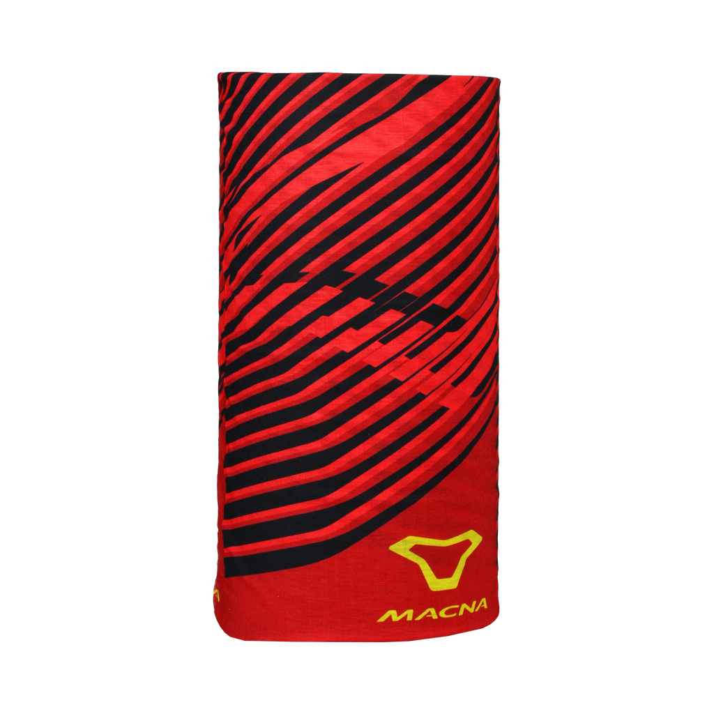 Scaldacollo moto Macna Summer Tube Logo rosso steso, logo Macna giallo in basso