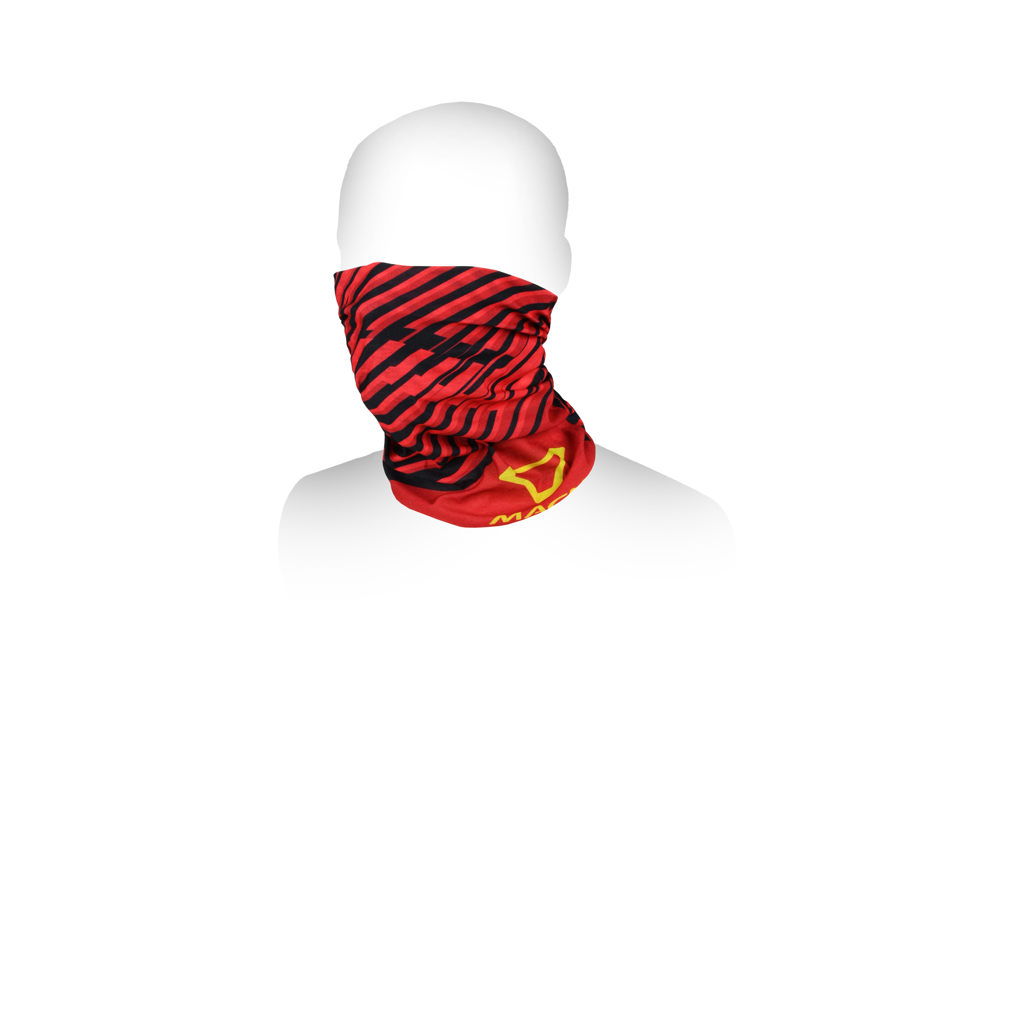 Scaldacollo Macna Summer Tube Logo rosso e nero a onde, indossato sotto il casco