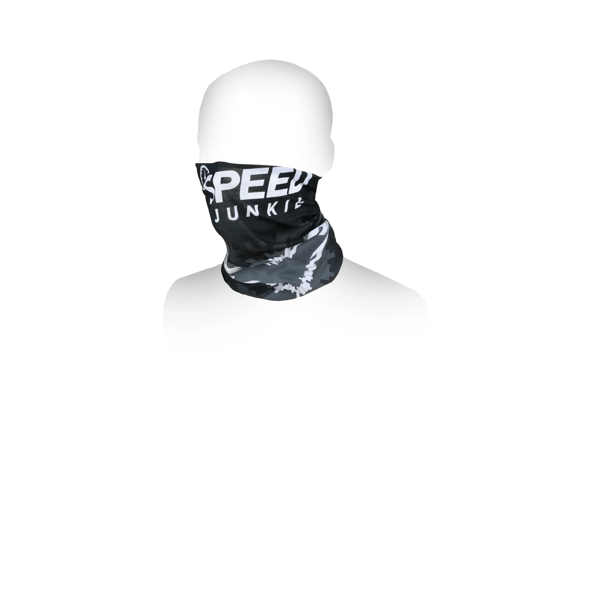 Scaldacollo Macna Summer Tube Logo nero e grigio con grafica Speed Junkie, indossato