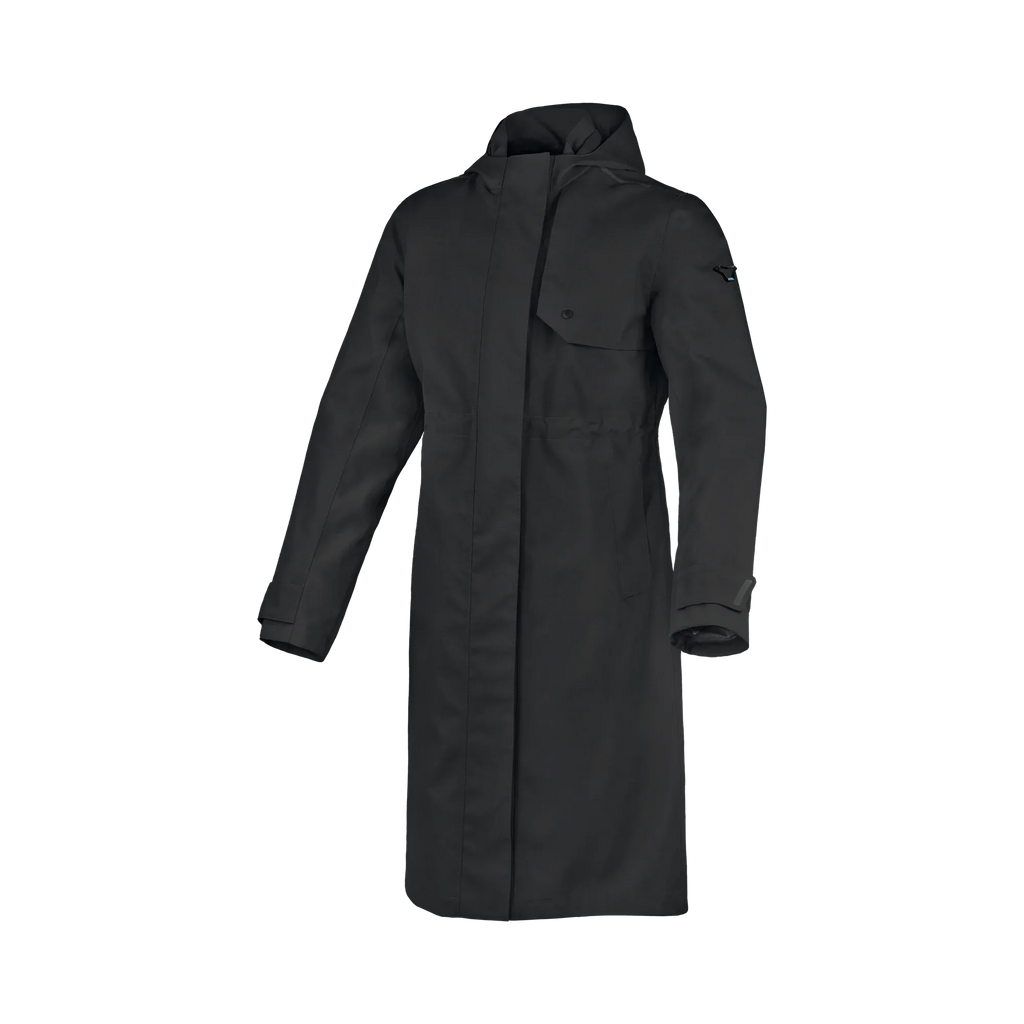 Macna Swan Nero cappotto antipioggia moto donna con cappuccio, vista tre quarti