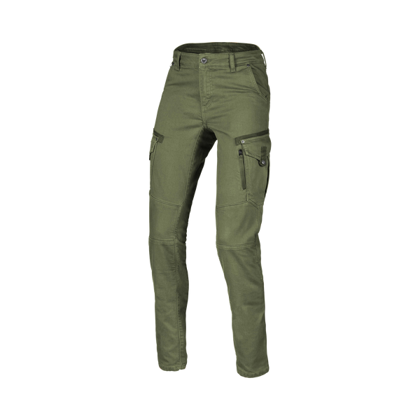 Macna Takar Verde jeans cargo moto donna con rinforzi in aramide, vista fronte