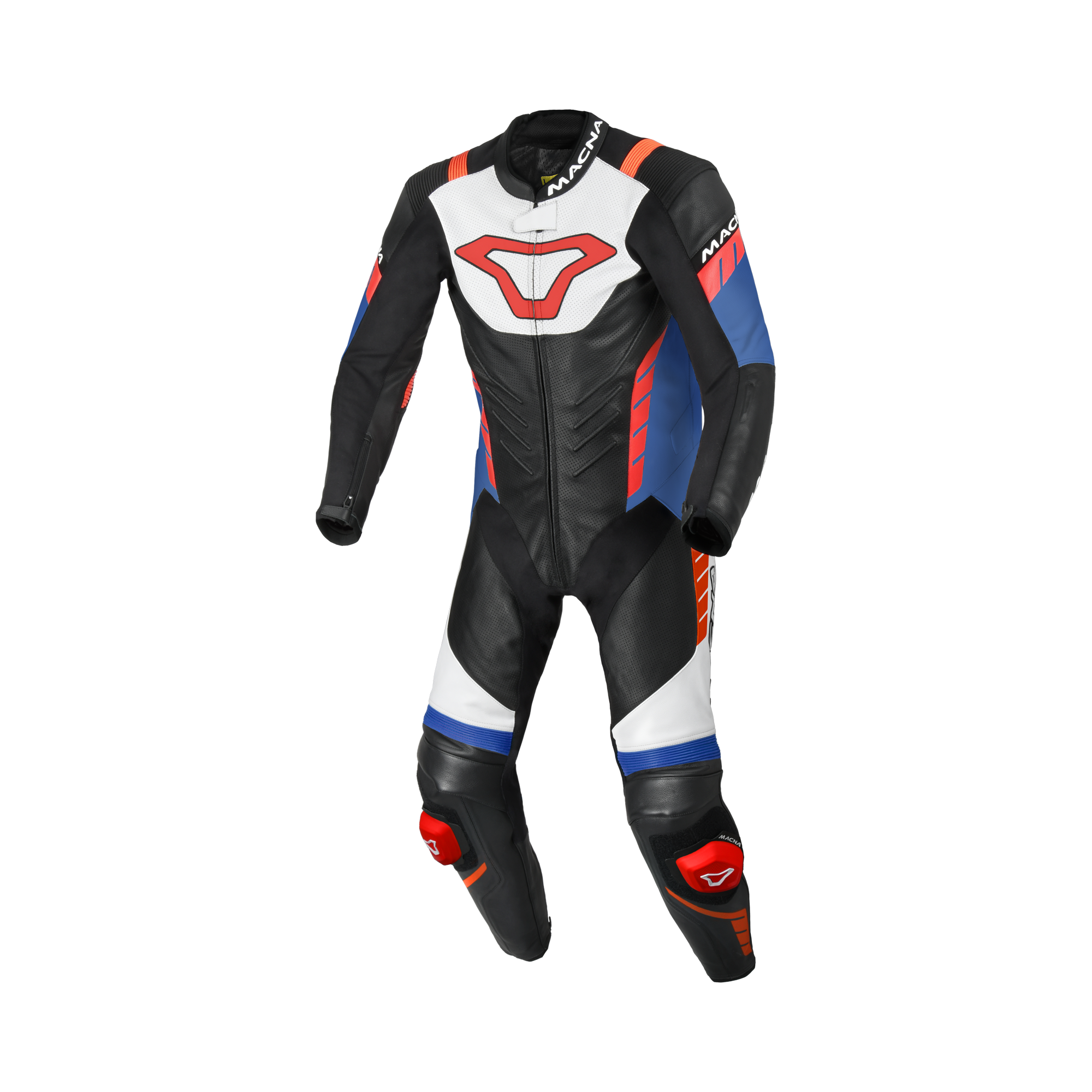 Macna Varshall 1pc Bianco/Rosso/Blu tuta moto intera in pelle CE Classe AA uomo, vista fronte