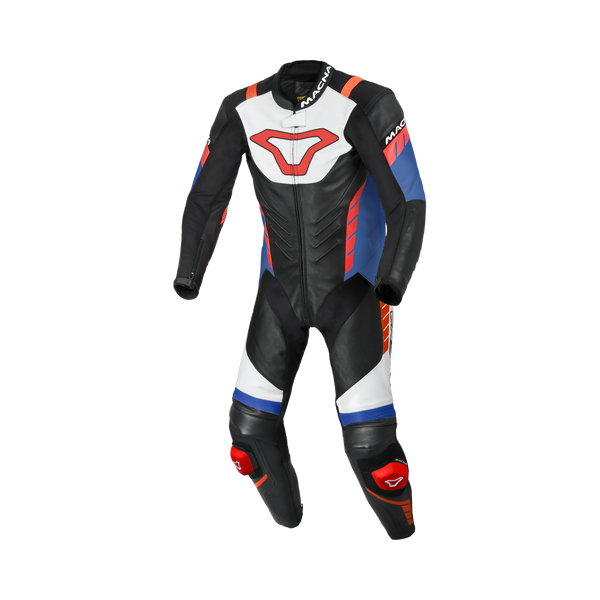 Macna Varshall 1pc Bianco/Rosso/Blu tuta moto intera in pelle CE Classe AA uomo, vista fronte
