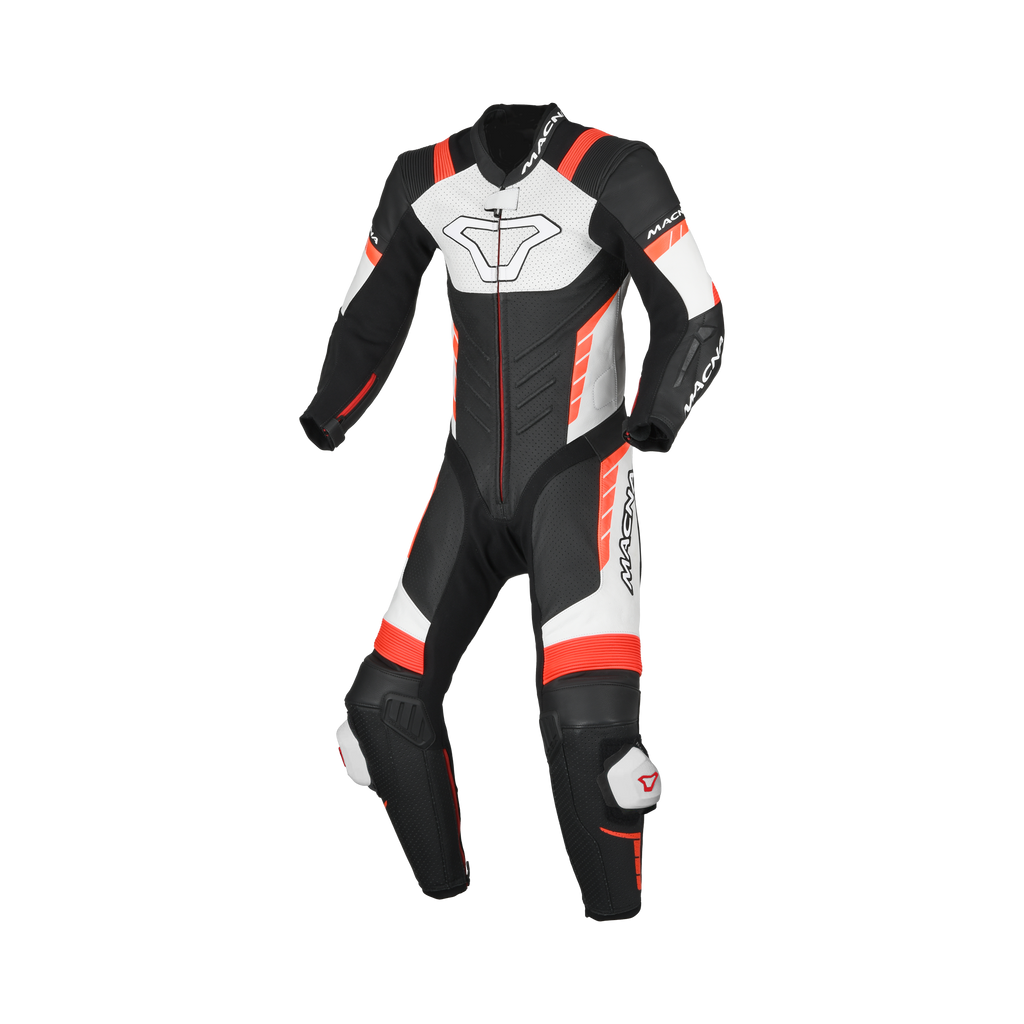 Macna Varshall 1pc Junior Nero/Bianco/Rosso tuta moto pelle bambino Classe AAA, vista fronte