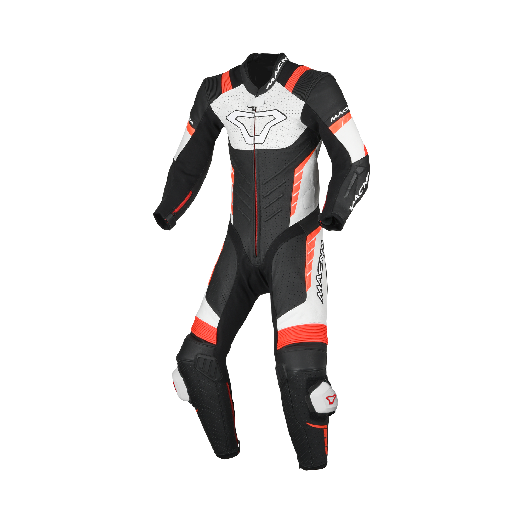 Macna Varshall 1pc Junior Nero/Bianco/Rosso tuta moto pelle bambino Classe AAA, vista fronte