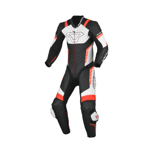 Macna Varshall 1pc Junior Nero/Bianco/Rosso tuta moto pelle bambino Classe AAA, vista fronte