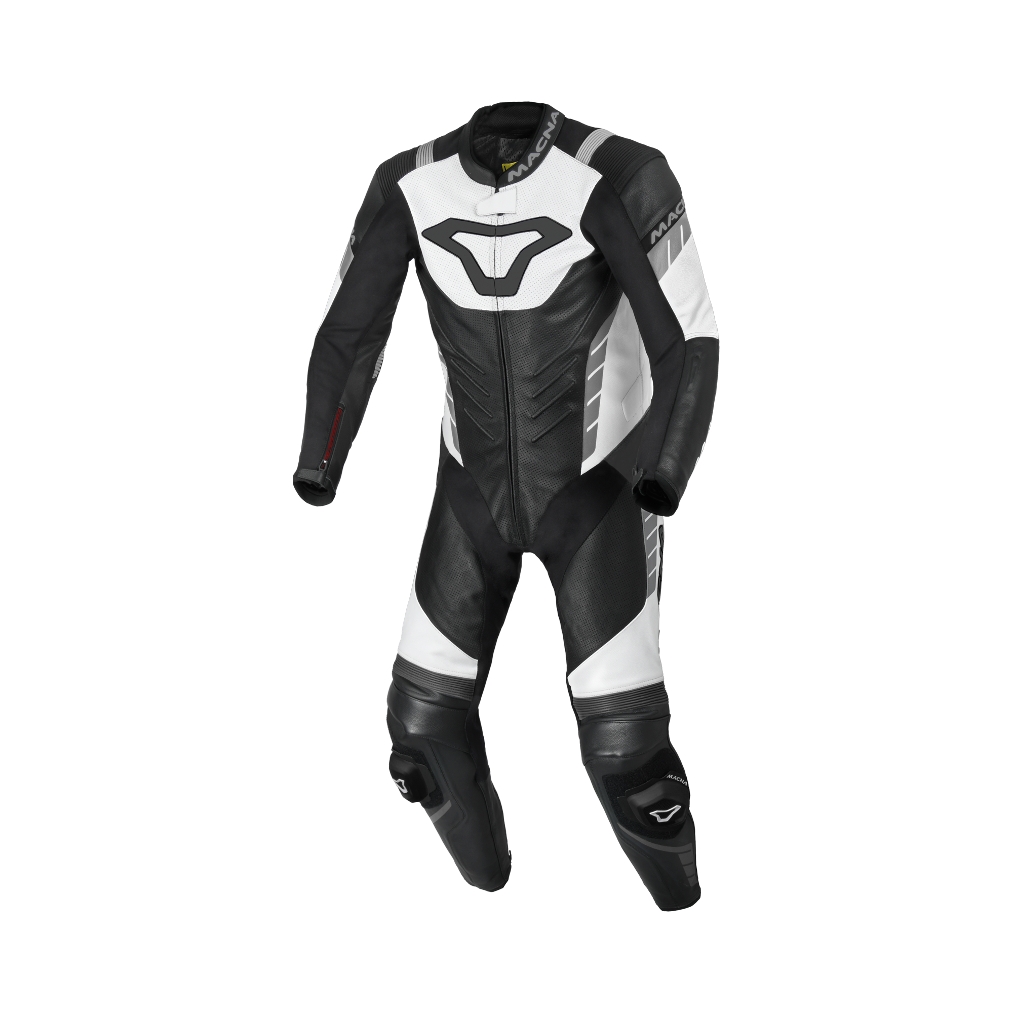 Macna Varshall 1pc Nero/Bianco tuta moto intera in pelle CE Classe AA uomo, vista fronte