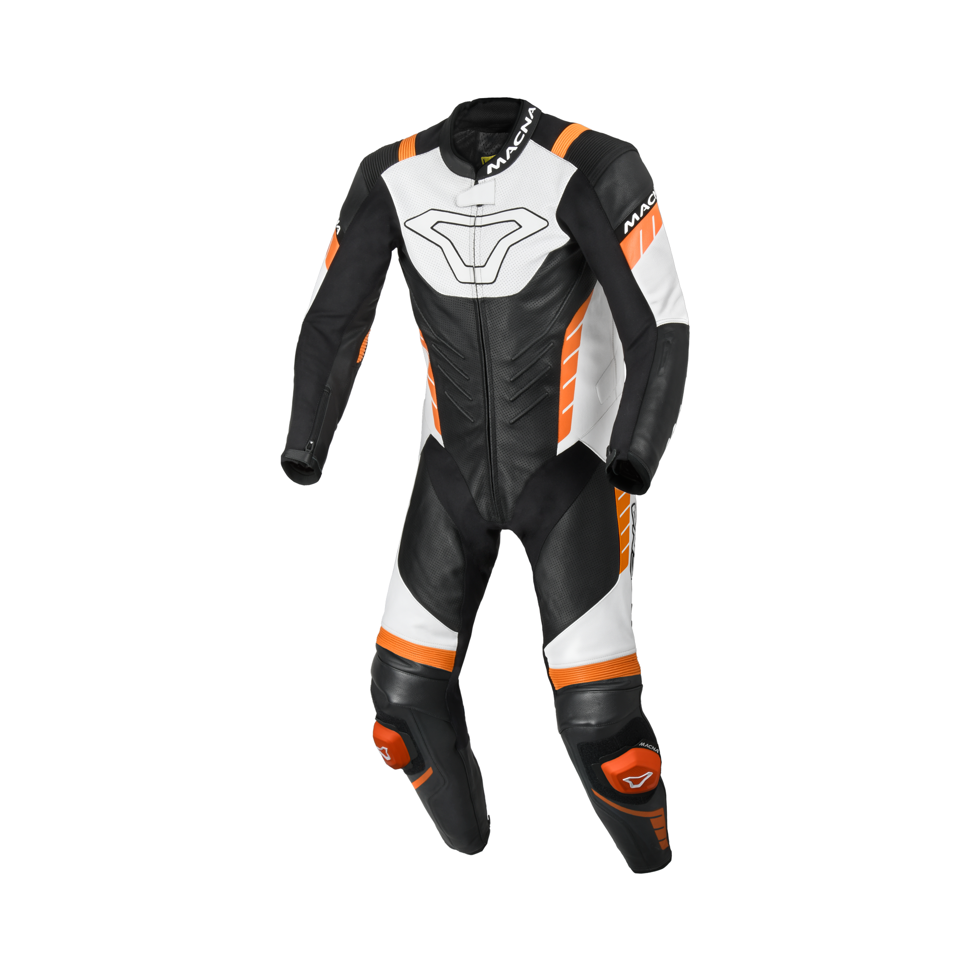 Macna Varshall 1pc Nero/Bianco/Arancio tuta moto intera in pelle CE Classe AA uomo, vista fronte