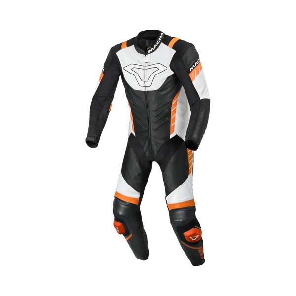 Macna Varshall 1pc Nero/Bianco/Arancio tuta moto intera in pelle CE Classe AA uomo, vista fronte