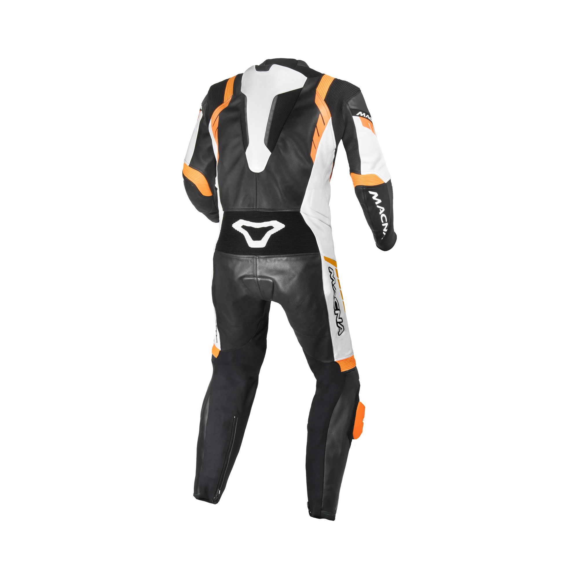 Macna Varshall 1pc Nero/Bianco/Arancio tuta moto intera in pelle CE Classe AA uomo, vista retro
