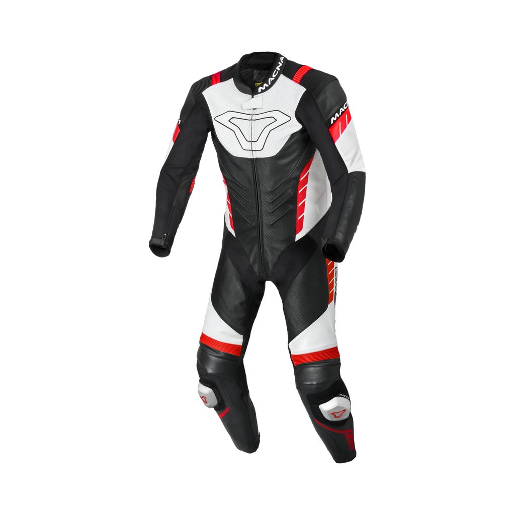 Macna Varshall 1pc Nero/Bianco/Rosso tuta moto intera in pelle CE Classe AA uomo, vista fronte