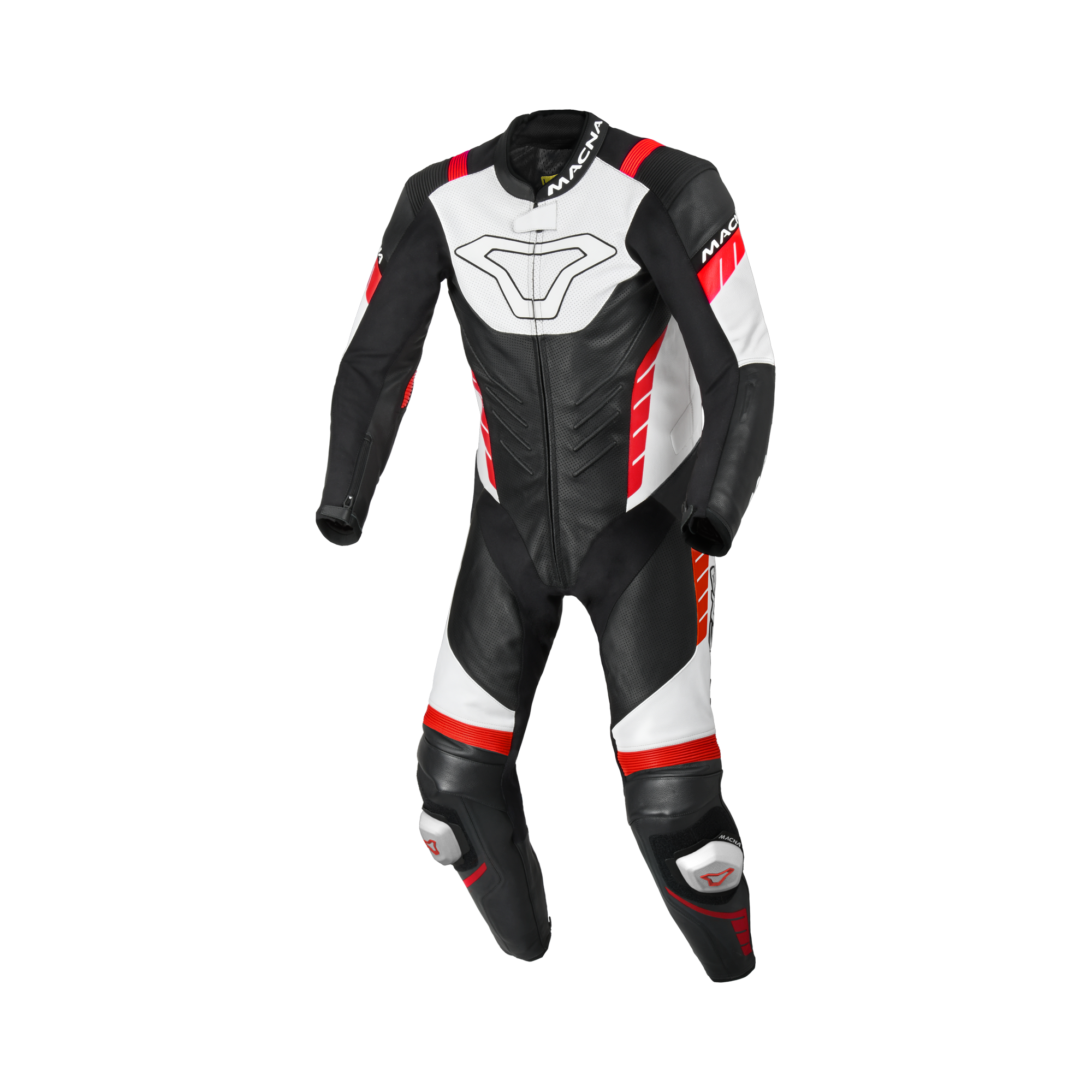 Macna Varshall 1pc Nero/Bianco/Rosso tuta moto intera in pelle CE Classe AA uomo, vista fronte