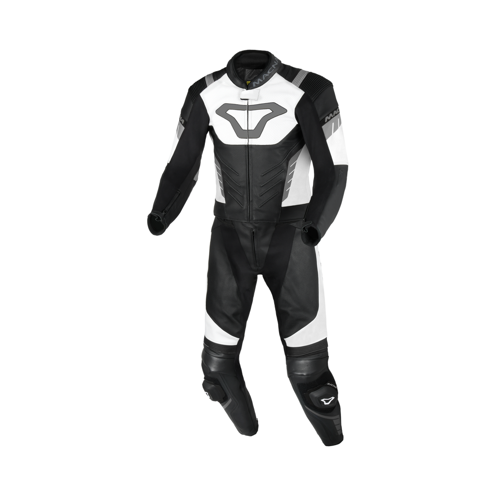 Macna Varshall 2pc Nero/Bianco tuta moto divisibile in pelle CE Classe AA uomo, vista fronte