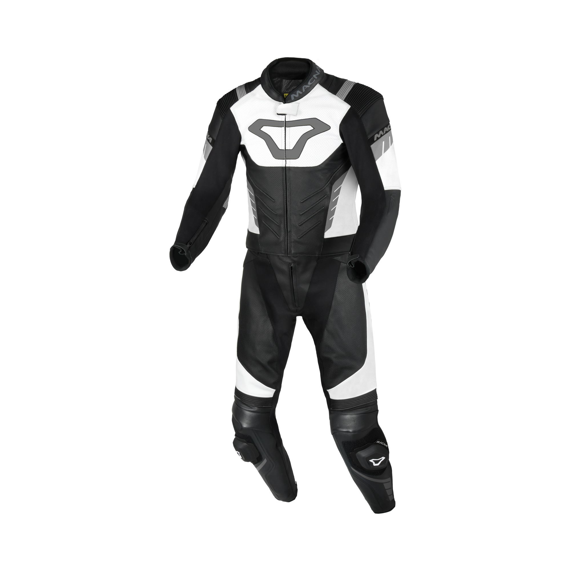 Macna Varshall 2pc Nero/Bianco tuta moto divisibile in pelle CE Classe AA uomo, vista fronte