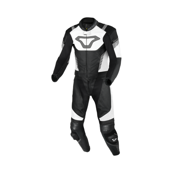 Macna Varshall 2pc Nero/Bianco tuta moto divisibile in pelle CE Classe AA uomo, vista fronte