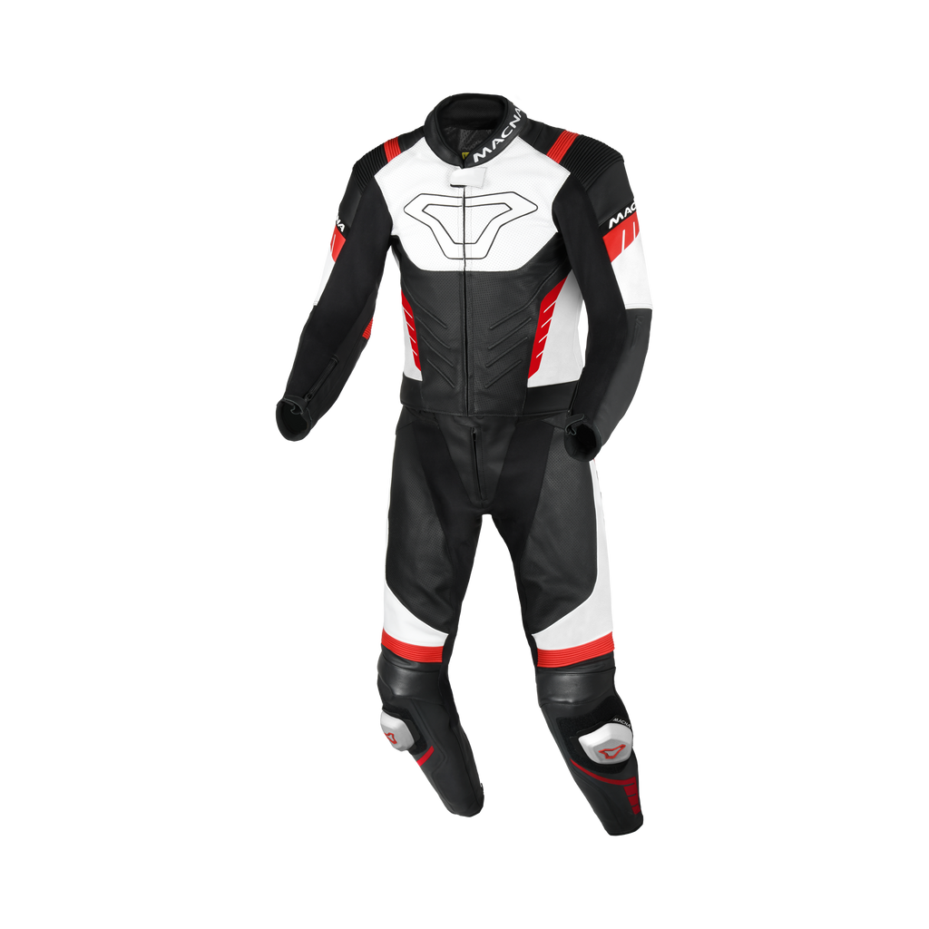 Macna Varshall 2pc Nero/Bianco/Rosso tuta moto divisibile in pelle CE Classe AA uomo, vista fronte