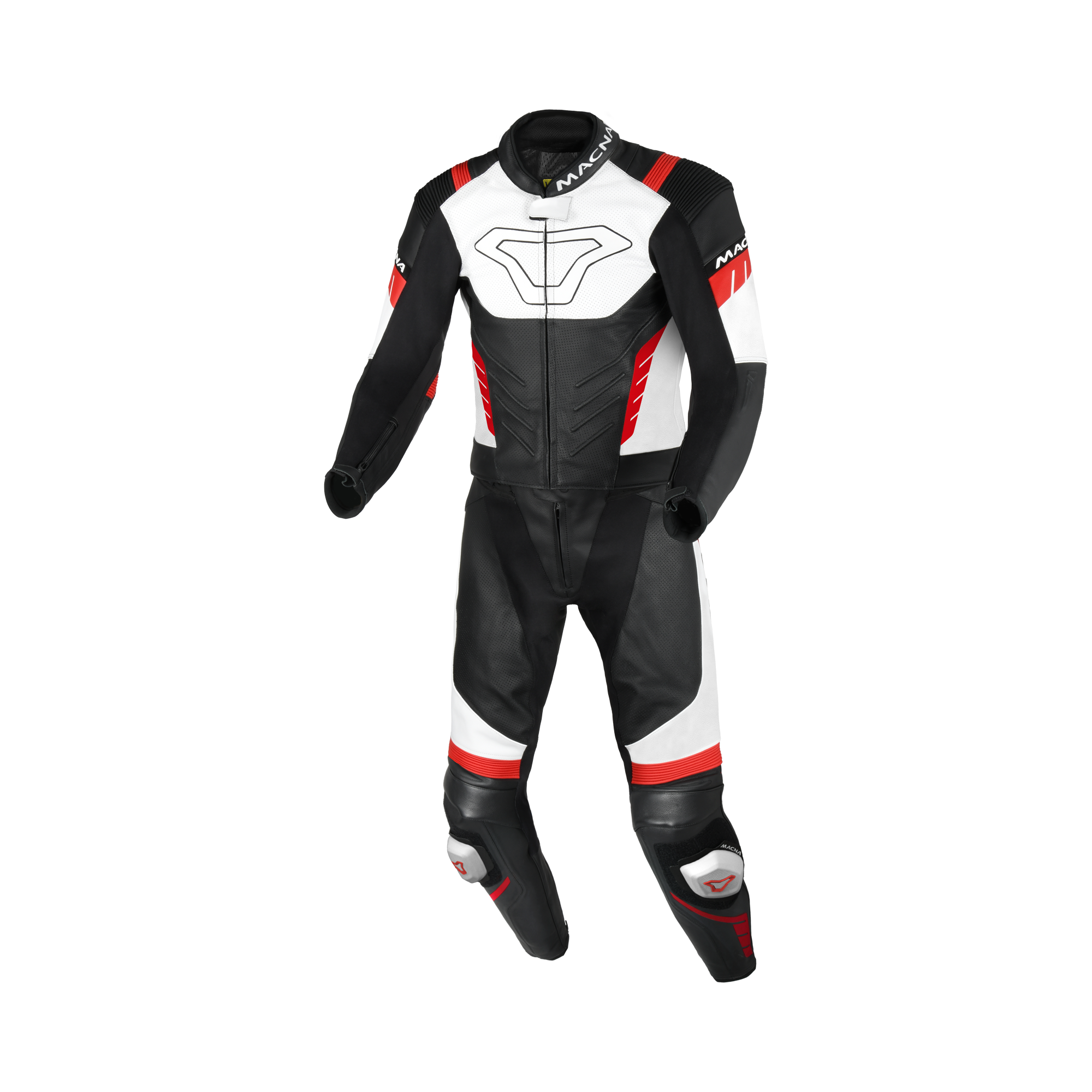 Macna Varshall 2pc Nero/Bianco/Rosso tuta moto divisibile in pelle CE Classe AA uomo, vista fronte