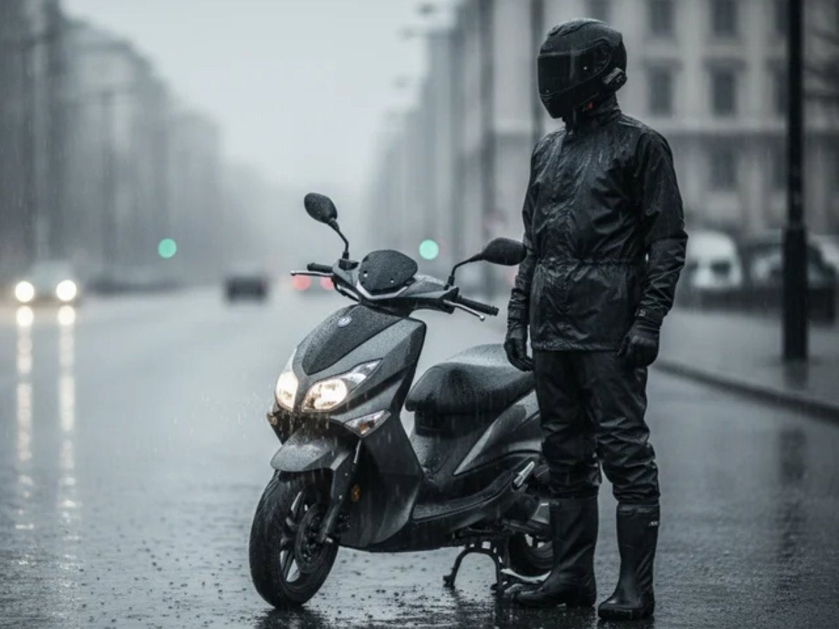 Motociclista con completo antipioggia accanto allo scooter, in città sotto la pioggia