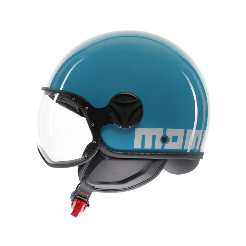 Lato del casco jet FGTR Classic Candy blu lago con scritta momo bianca e visiera alzata