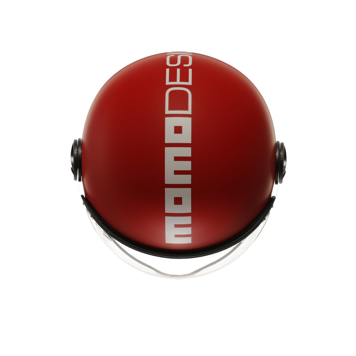 Casco jet Momo Design FGTR Classic Candy rosso opaco con scritta MOMODESIGN bianca, vista dall'alto con la scritta verticale