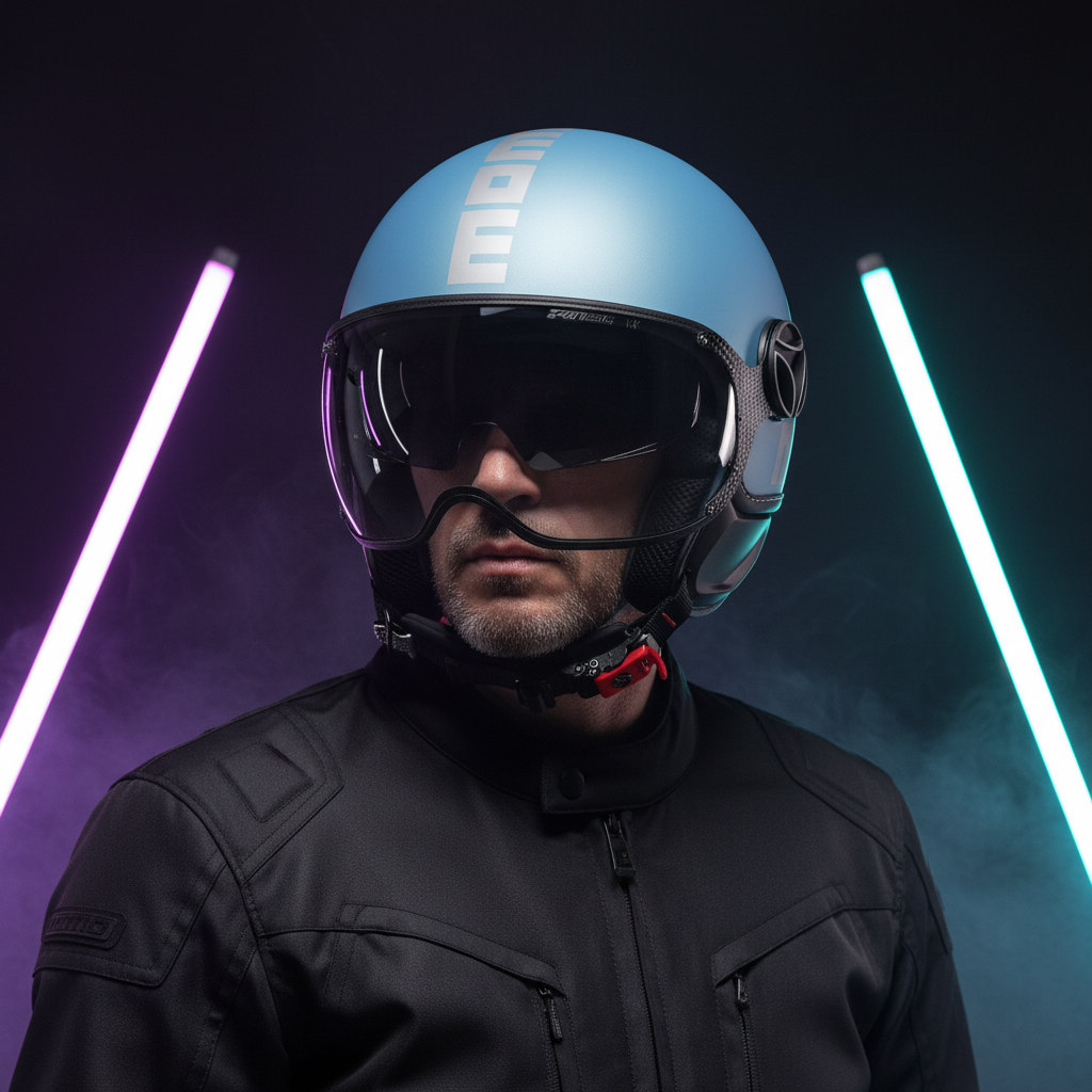 Casco Momo Design FGTR EVO blu primavera opaco e argento su un uomo tra barre al neon