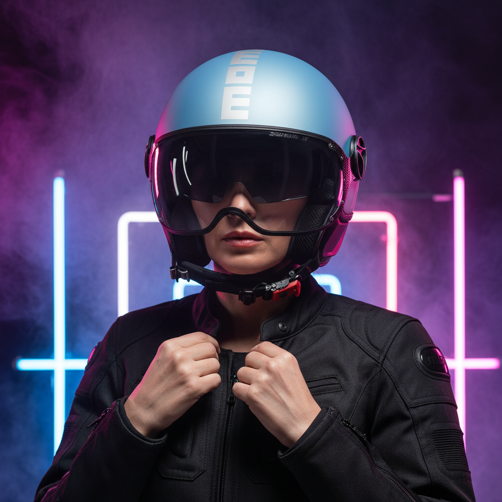 Casco jet Momo Design FGTR EVO blu primavera su una ragazza fra neon rosa e nuvole di fumo