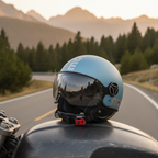 Casco jet Momo Design FGTR EVO blu primavera opaco sul serbatoio di una moto tra le montagne