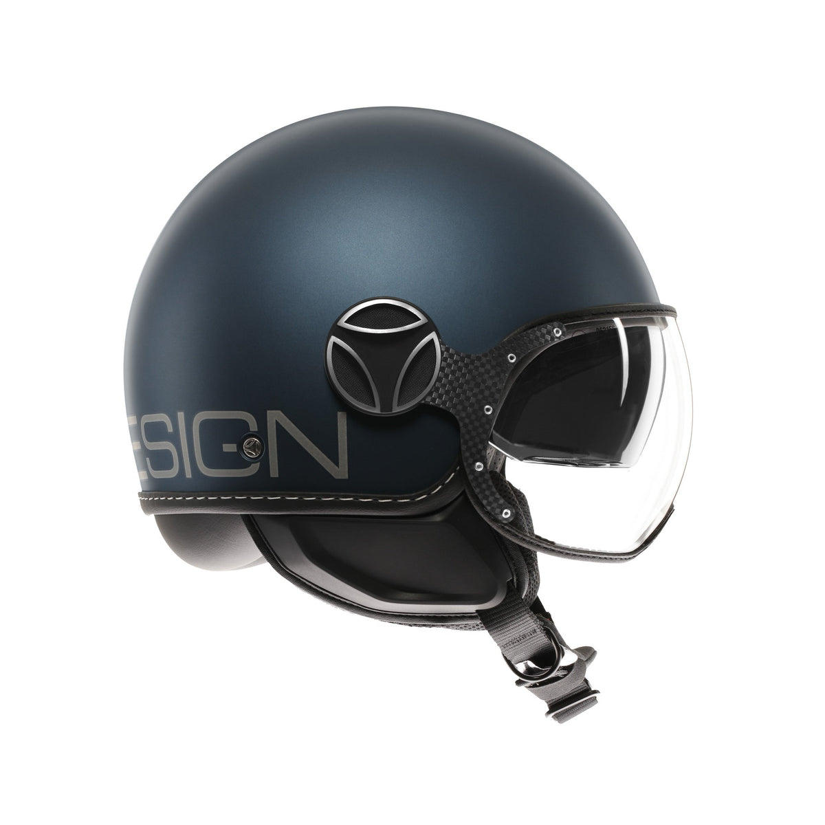 Casco jet Momo Design FGTR EVO blu avio opaco/silver – lato destro con scritta DESIGN silver e visiera aperta