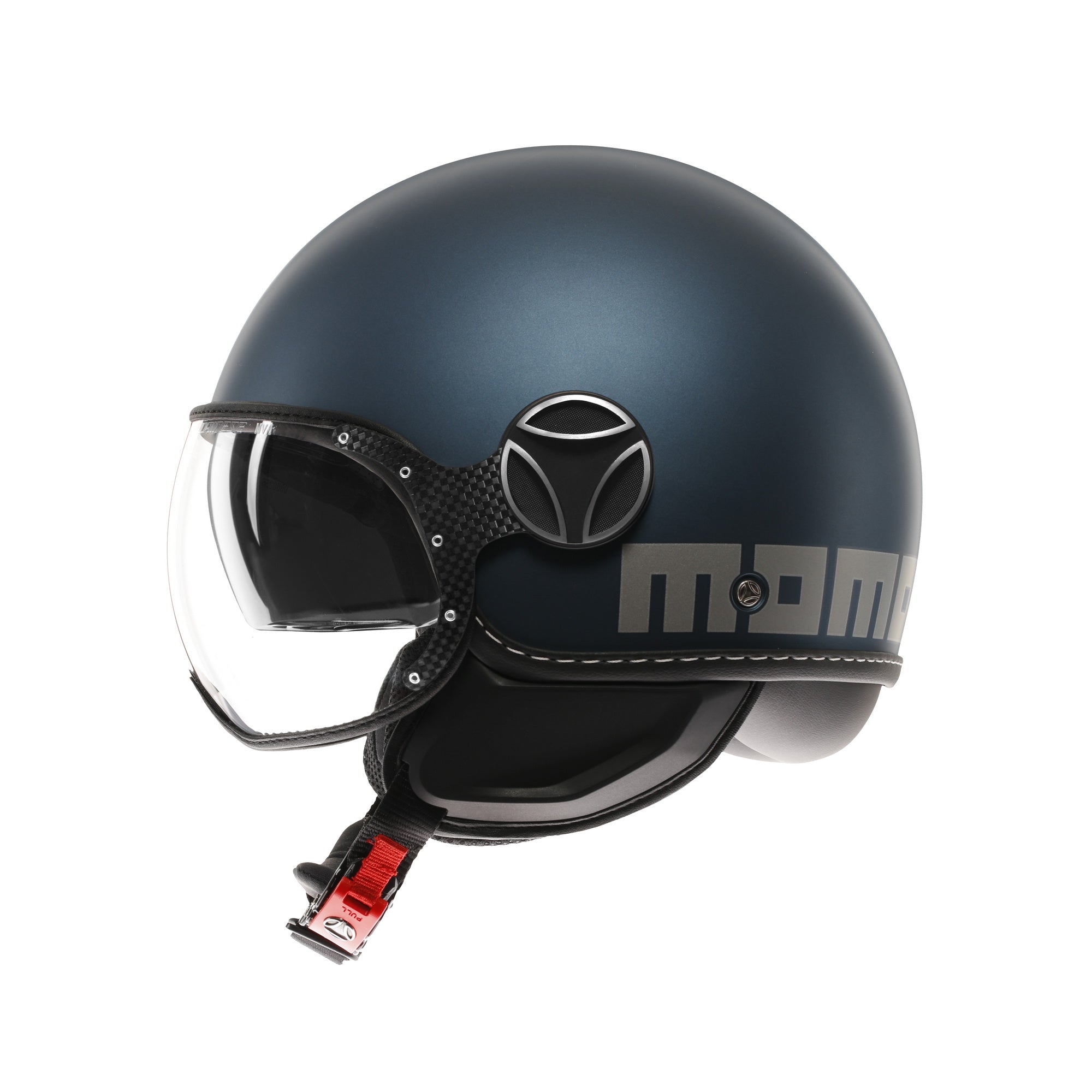 Casco jet Momo Design FGTR EVO blu avio opaco/silver – profilo sinistro con logo MOMO silver e nottolino laterale in metallo spazzolato
