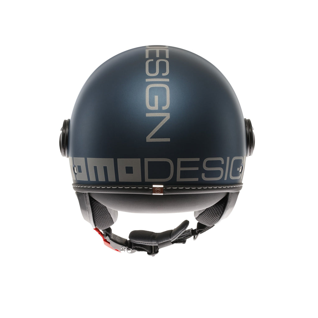 Casco jet Momo Design FGTR EVO blu avio opaco/silver – tre quarti posteriore con logo MOMODESIGN sulla calotta
