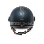 Casco jet Momo Design FGTR EVO blu avio opaco/silver – tre quarti posteriore con logo MOMODESIGN sulla calotta