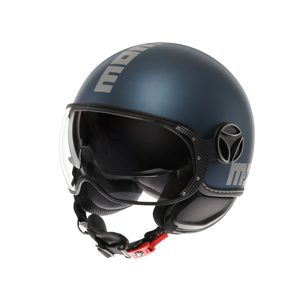 Casco jet Momo Design FGTR EVO blu avio opaco/silver – vista tre quarti sinistra con visiera sollevata e visierino solare interno