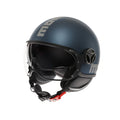 Casco jet Momo Design FGTR EVO blu avio opaco/silver – vista tre quarti sinistra con visiera sollevata e visierino solare interno