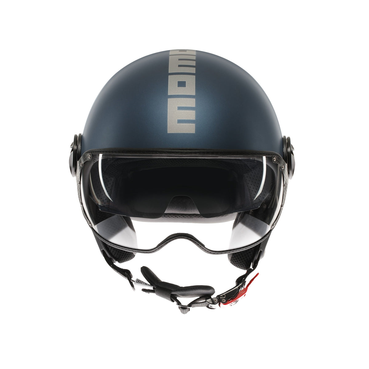 Casco jet Momo Design FGTR EVO blu avio opaco/silver – vista frontale con visiera chiusa e cinturino sottogola micrometrico