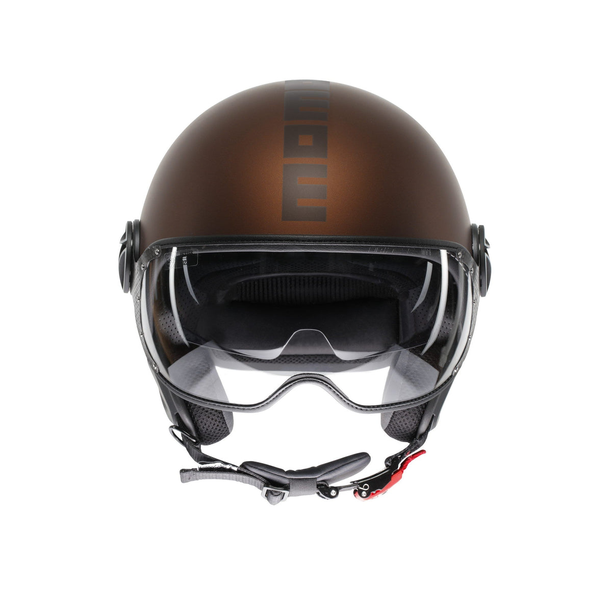 Casco jet Momo Design FGTR EVO espresso opaco, marrone scuro con scritte nere, vista frontale con visiera e visierino solare