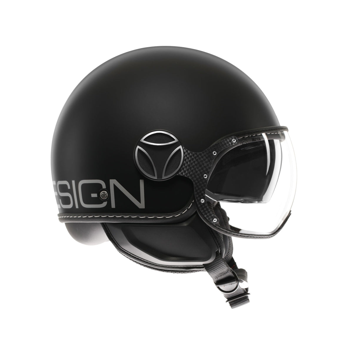Casco jet Momo Design FGTR EVO nero opaco con scritte argento, fianco sinistro con la scritta DESIGN e il nottolino in metallo spazzolato