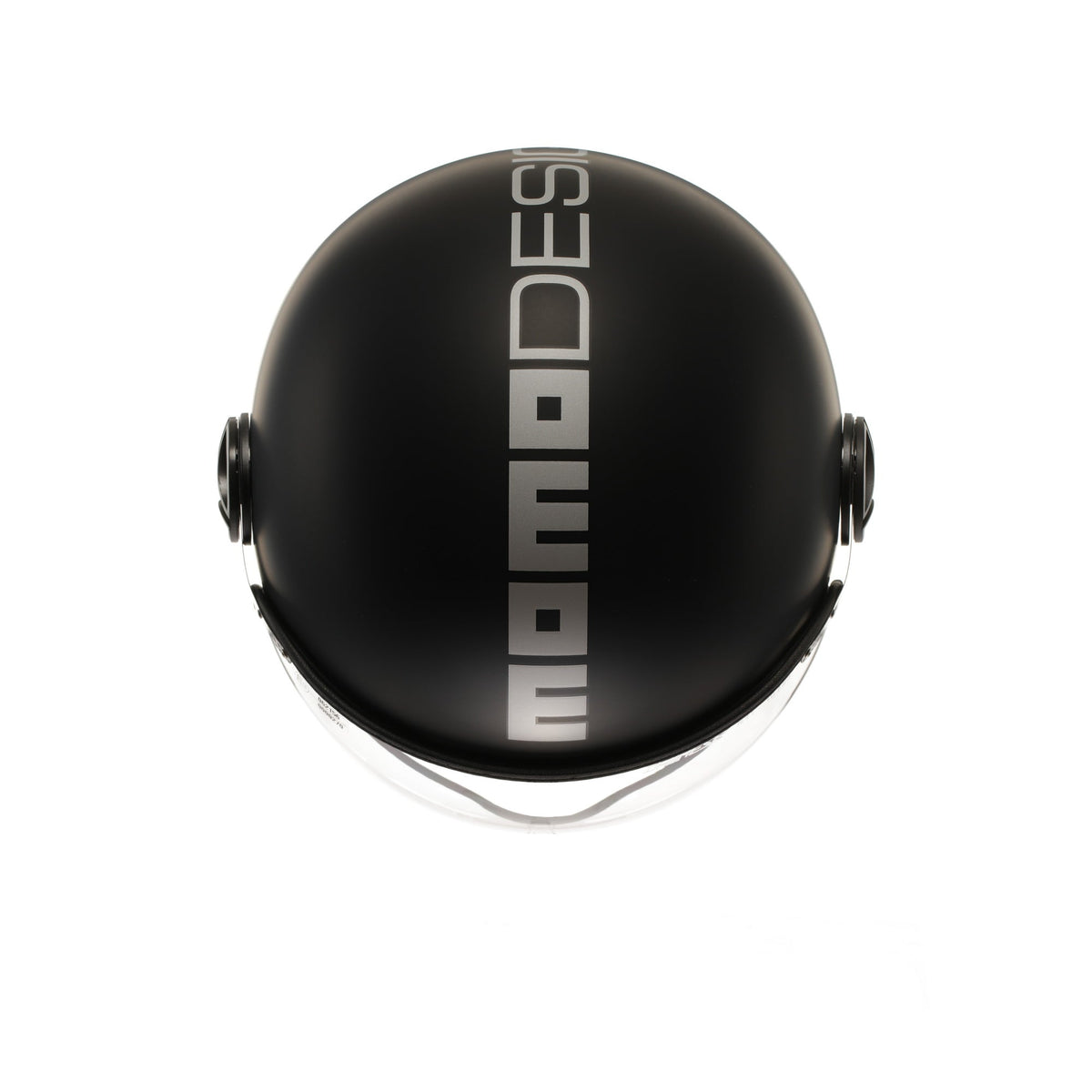 Casco jet Momo Design FGTR EVO nero opaco con scritte argento, calotta vista dall'alto con la scritta MOMODESIGN