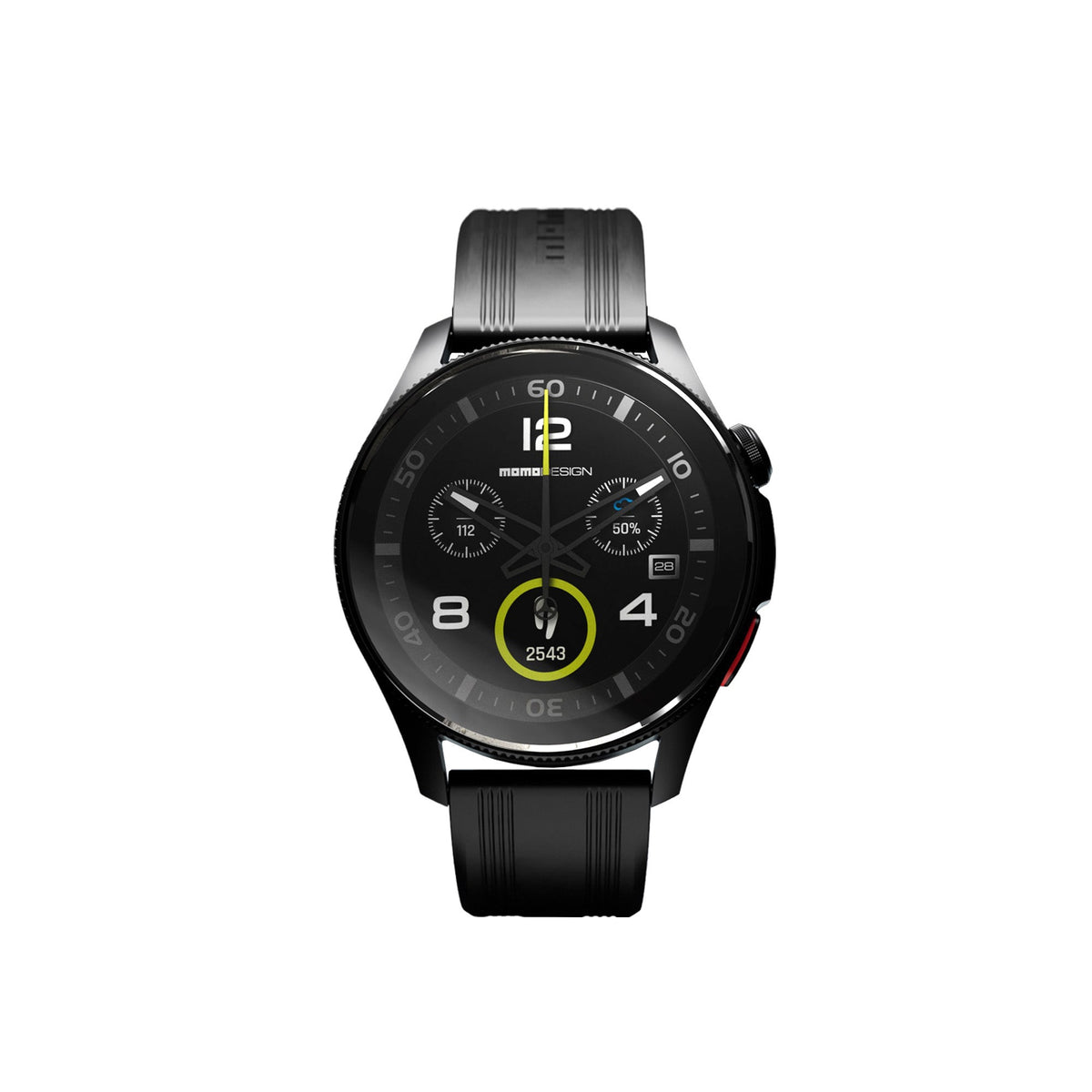 Momo Design Zero BTMOMOWATCHRK orologio intelligente rotondo nero, vista frontale con quadrante sportivo