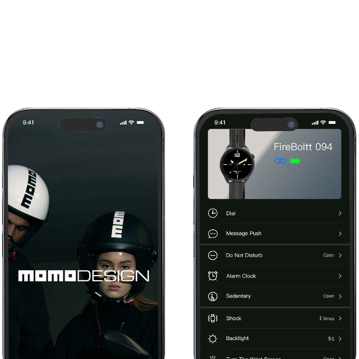 App per il telefono abbinata al Momo Design Zero: schermate con quadranti, sveglia e vibrazione
