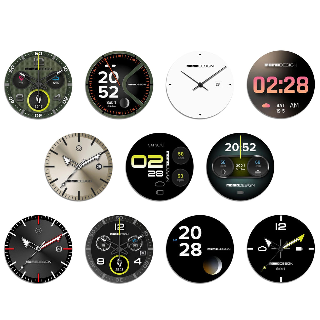 Dodici quadranti selezionabili del Momo Design Zero, digitali e analogici, su display rotondo