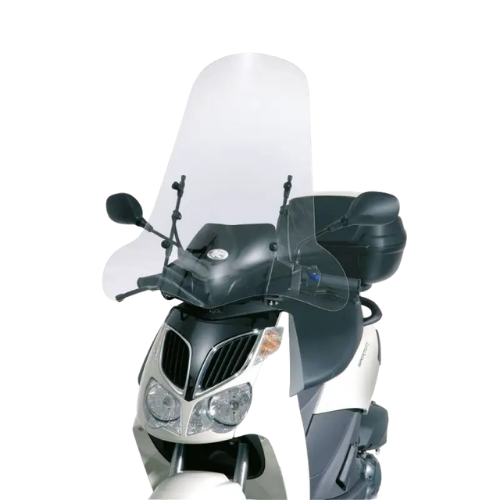 Parabrezza Kappa 128AK trasparente 74x67 cm montato su uno scooter Aprilia Sportcity, vista frontale