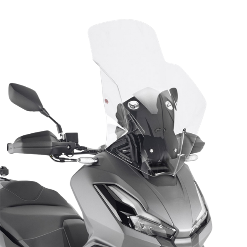 Parabrezza Kappa 130DTK trasparente 69,2x68,2 cm con staffe di supporto nere, vista frontale ravvicinata