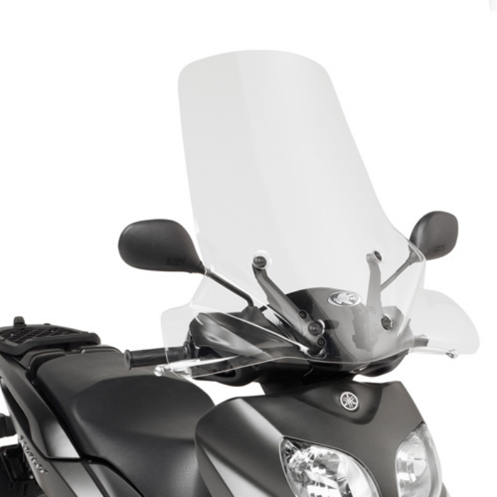 Parabrezza Kappa KD2102ST trasparente con paramani montato su uno scooter Yamaha, vista frontale