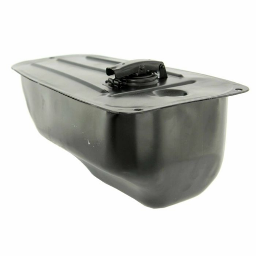 Serbatoio carburante originale Piaggio 1386172 in lamiera verniciata nera con tappo montato, per Vespa 50 S, 50 Special, 125 Primavera e ET3 – vista tre quarti